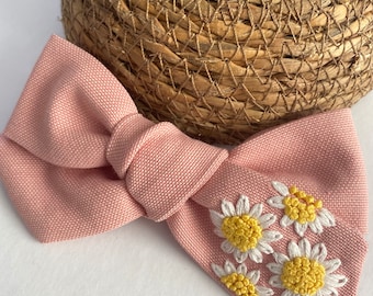 Custom Floral Embroidered Linen Hair Bow: Personalized Girl's Hair Clip
