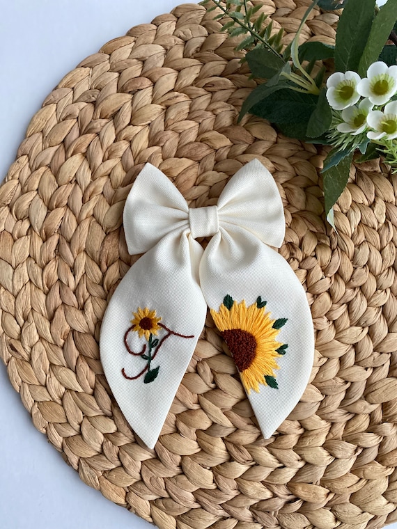Sunflower Initial Letter Hand Embroider Hair Bow.stylish