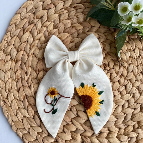 Sunflower Initial Letter Hand Embroider Hair Bow.Stylish Designed Hair Bows suitable for use by Children,Girl and Adult Women.Gift Hair Clip