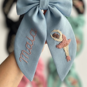 Custom Named and Ballerina Hand Embroidered Hair Bow Stylish Designed Hair Bows suitable for use by Children Girl and Adult Women Gift Clips image 2