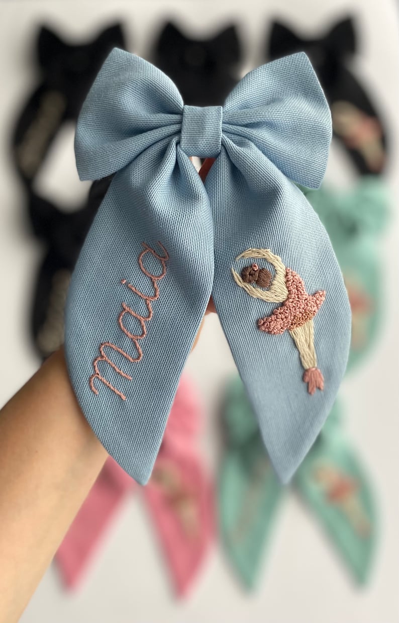 Custom Named and Ballerina Hand Embroidered Hair Bow Stylish Designed Hair Bows suitable for use by Children Girl and Adult Women Gift Clips image 2