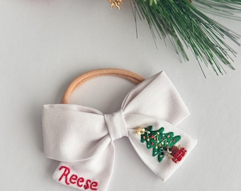 Personalized Christmas Tree Hair Bow, Name Embroidered Linen Headband, Baby Girl Custom Clip