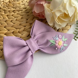 Flowery Hand Embroidered Baby Headband Custom Hair Bows For Girls Children Hair Clips Mrs Hair Clip Organic Cotton Bow Hair Ribbon Gift Bow image 8