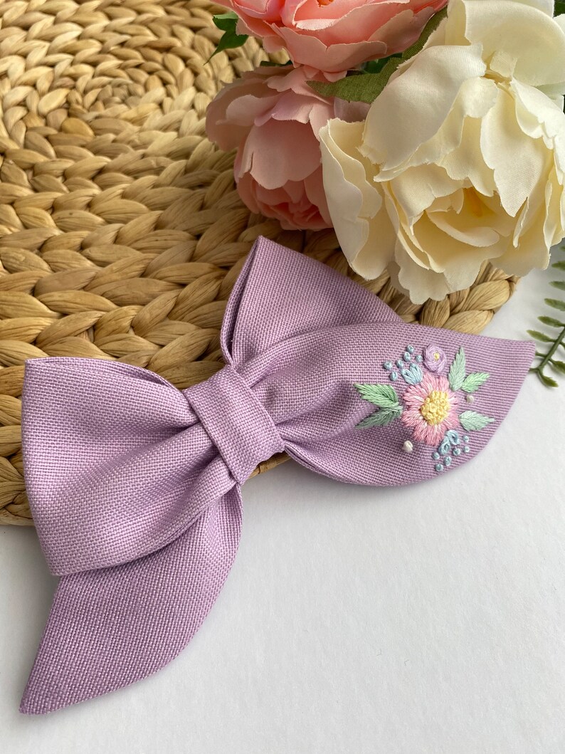 Flowery Hand Embroidered Baby Headband Custom Hair Bows For Girls Children Hair Clips Mrs Hair Clip Organic Cotton Bow Hair Ribbon Gift Bow image 8