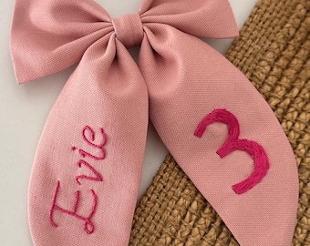 Personalized Embroidered Linen Hair Bow: Custom Name, Initial Hair Clip