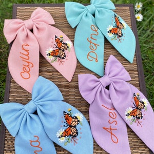 Custom Name Embroidered Butterfly Hair Bow: Organic Linen Clip