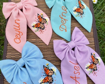 Custom Name Butterfly Embroidered Handmade Stylishly Designed Hair Bow For Baby Girl Children Mrs Hair Clip Bridesmaid and Mothers Day Gift
