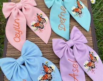 Custom Name Butterfly Embroidered Handmade Stylishly Designed Hair Bow For Baby Girl Children Mrs Hair Clip Bridesmaid and Mothers Day Gift