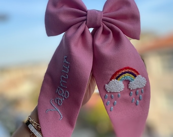 Personalized Embroidered Hair Bow: Rainbow Cloud Linen Clip - Handmade