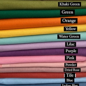 May include: A stack of fabric swatches in various colors, including ecru, beige, khaki green, green, orange, yellow, water green, lilac, purple, pink, powder, dried rose, tile, blue, indigo blue, navy blue, black, and red.