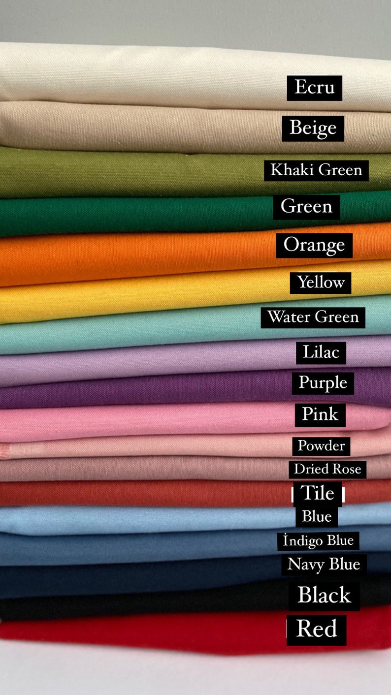 May include: A stack of fabric swatches in various colors, including ecru, beige, khaki green, green, orange, yellow, water green, lilac, purple, pink, powder, dried rose, tile, blue, indigo blue, navy blue, black, and red.
