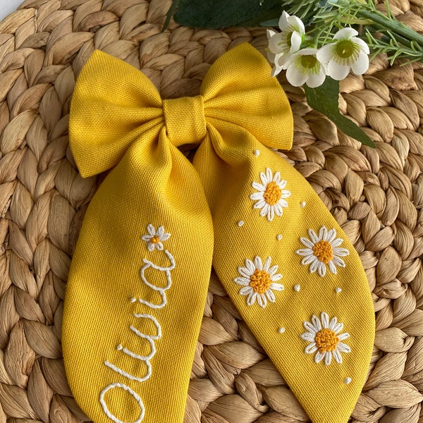 Handmade Personalized Hair Bow with Special Name and Daisy Flower Embroidered suitable for Baby Girl Child and Adult Ladies