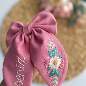 Custom Named and Flowery Hand Embroidered Hair Bow.Bows For Girls,Kids Hair Bows,Baby Hair Bows Clips,For Toddlers Bow,Gift Hair Bows