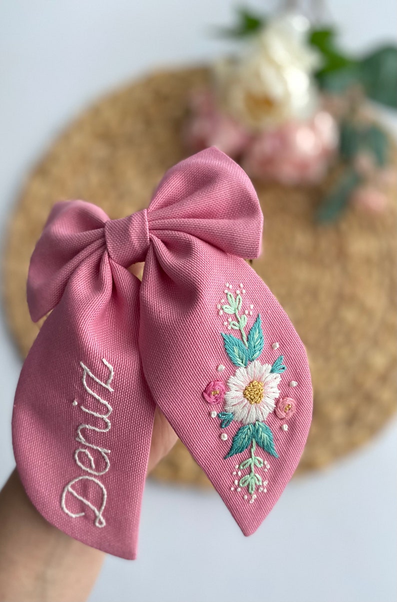 Custom Named and Flowery Hand Embroidered Hair Bow.Bows For Girls,Kids Hair Bows,Baby Hair Bows Clips,For Toddlers Bow,Gift Hair Bows