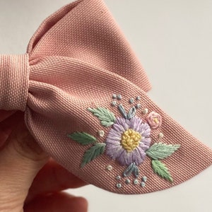 Flowery Hand Embroidered Baby Headband Custom Hair Bows For Girls Children Hair Clips Mrs Hair Clip Organic Cotton Bow Hair Ribbon Gift Bow image 3