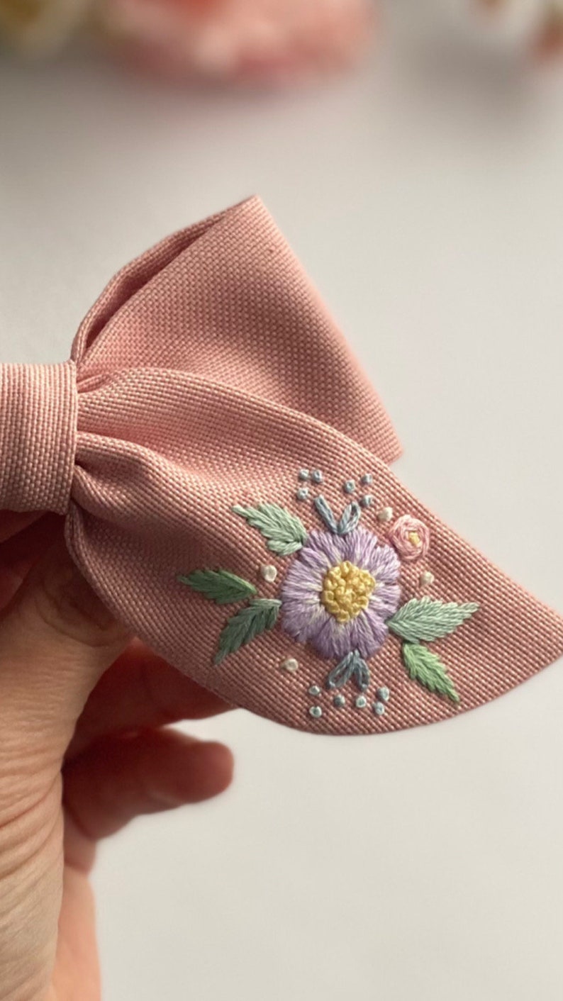 Flowery Hand Embroidered Baby Headband Custom Hair Bows For Girls Children Hair Clips Mrs Hair Clip Organic Cotton Bow Hair Ribbon Gift Bow image 3