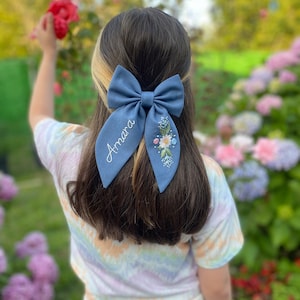 Personalized Named and Flowery Hand Embroidered Hair Bow Bows For Girls Kids Hair Bows Baby Hair Bows Clips For Toddlers Bow Gift Hair Bows