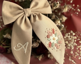 Custom Embroidered Linen Hair Bow: Personalized Initial Clip, Birthday Gift
