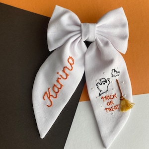 Personalized Halloween Hair Bow: Embroidered Witch Ghost Linen Hair Clip