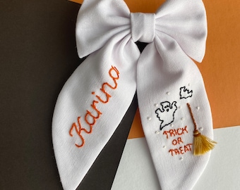 Personalized Halloween Hair Bow: Embroidered Witch Ghost Linen Hair Clip