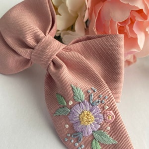 Flowery Hand Embroidered Baby Headband Custom Hair Bows For Girls Children Hair Clips Mrs Hair Clip Organic Cotton Bow Hair Ribbon Gift Bow image 7