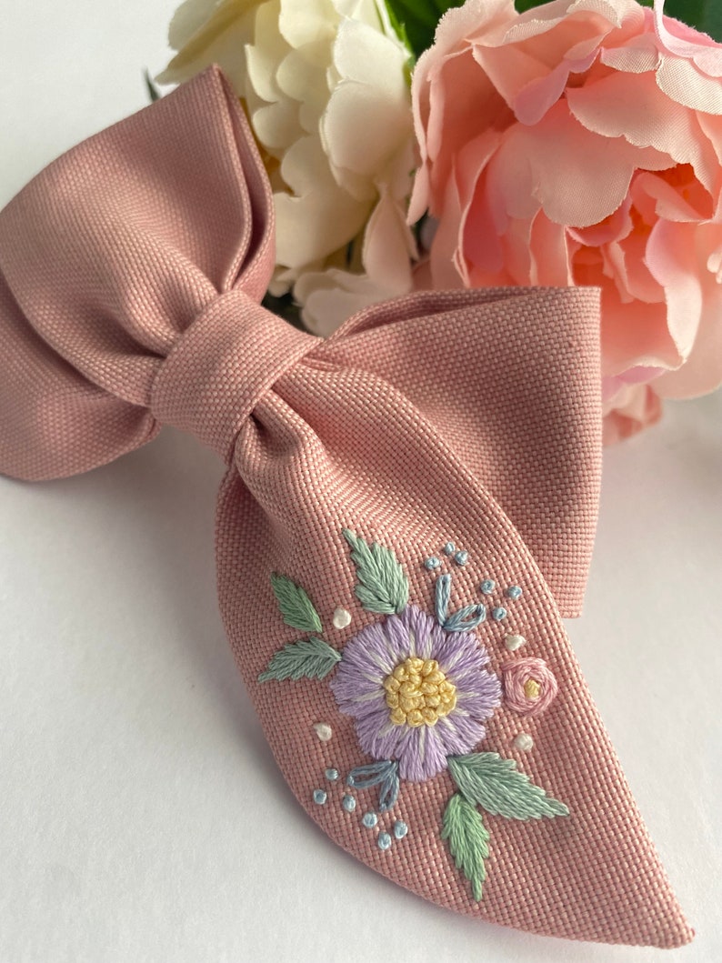 Flowery Hand Embroidered Baby Headband Custom Hair Bows For Girls Children Hair Clips Mrs Hair Clip Organic Cotton Bow Hair Ribbon Gift Bow image 7