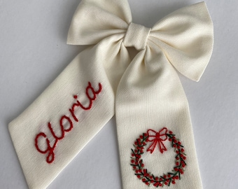 Personalized Initial Hand Embroidered Hair Bow.Christmas Wreath Bow,Custom Name Bow,Baby Hair Bows Clips,Kids Hair Bows,Bows For Girls,Gift