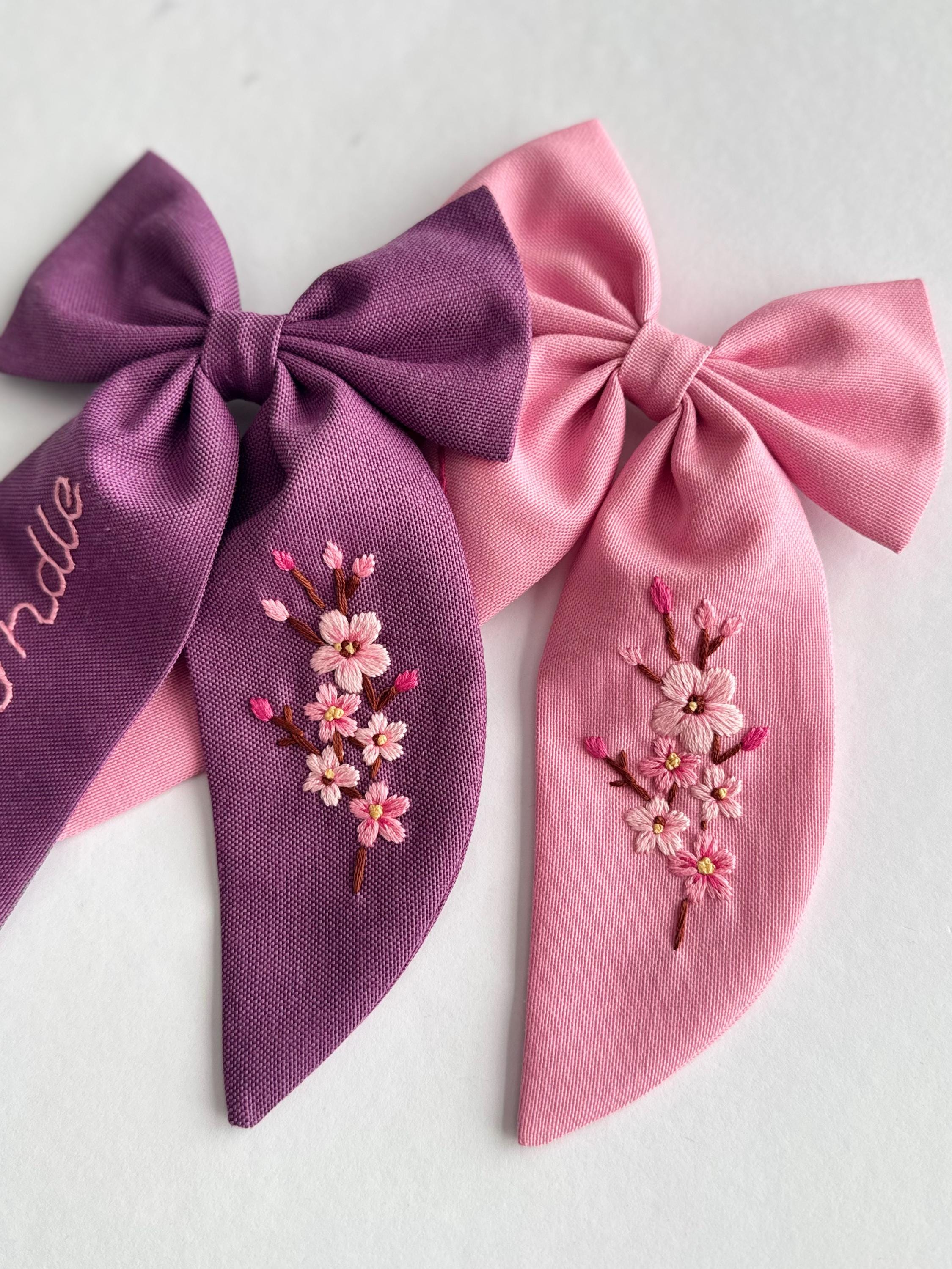 Custom Name Embroidered Hair Bow: Cherry Blossom Linen Barrette - Etsy