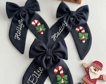Christmas Candy Custom Name Hand Embroidered Hair Bows Personalized Letter Bow Christmas Mothers Day Bridesmaid Gift Mrs Hair Clip Kids Bows