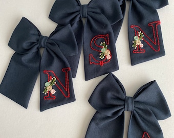 Personalized Initial Linen Hair Bow: Hand Embroidered Baby Girl Clip