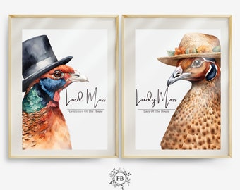 Personalised Watercolour Pheasant Family Print, His And Her Gift, Countryside Cottagecore, Wildlife Art, Digital Print