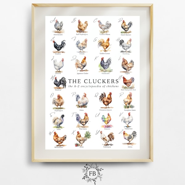 A-Z Chickens Print, Chicken Breed Encyclopaedia, Chicken Art, Farm Animal Poster, Digital Download