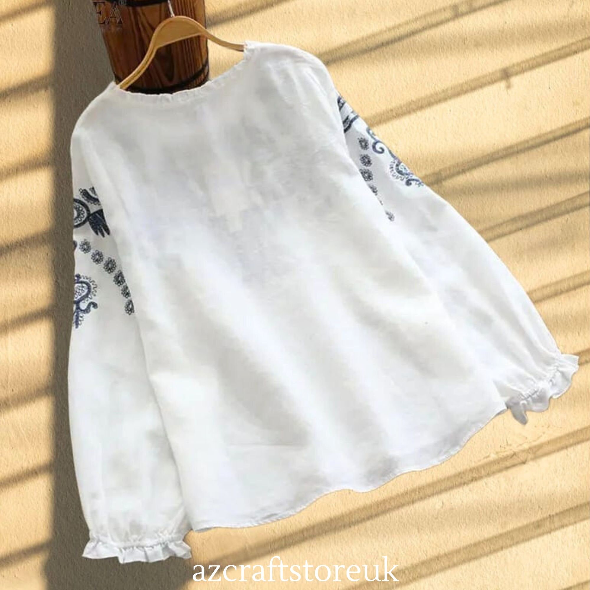 Women Cotton Linen Shirt / Embroidered Long Sleeve Top / Loose Etsy