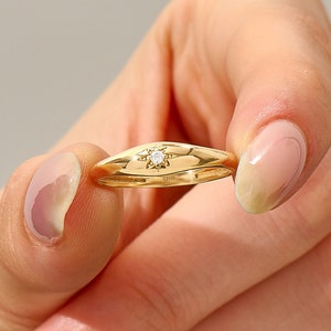 Solid Gold Northstar Pinky Moissanite Ring, 14k Polaris Star Signet Ring,Slim Celestial Ring,Lab Created Diamond Low Dome Midi Ring Gift