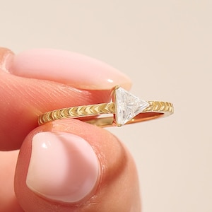 14k Solid Gold Triangle Moissanite Ring, Dainty Solitaire Engagement Band