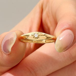 Solid Gold Northstar Pinky Moissanite Ring, 14k Polaris Star Signet Ring,Slim Celestial Ring,Lab Created Diamond Low Dome Midi Ring Gift