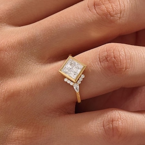 14k Solid Gold Bezel Moissanite Ring, Princess Cut Square Engagement