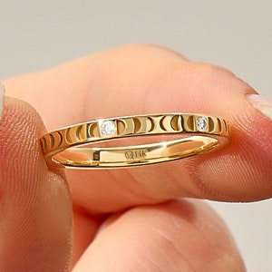 14k Solid Gold Moon Phase Ring for Women, Celestial Wedding Band with Flush Set Moissanite, Dainty Pave Eternity Ring, 18k 10k Option