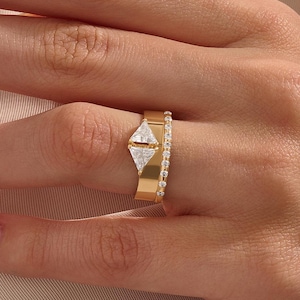 14k Thick Band Engagement Ring, Solid Gold Unique Anniversary Rings for Women, Triangle Cut Moissanite Ring, One of a Kind Ring, Oakley