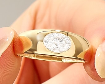14k Solid Gold Bezel Set Moissanite Oval Ring, Chunky Dome Engagement Band for Women, Bold Thick Gold Ring, Wife Anniversary Gift