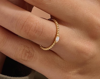 14K Solid Gold Marquise Moissanite Ring, Dainty Beaded Band, Minimalist Stackable Ring, Gold Ball Ring, Luxury Gift for Her
