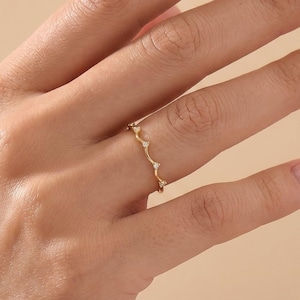 14K Solid Gold Minimalist Diamond Wave Ring, Dainty Real Gold Curved Ring, Lab Created Diamond Stackable Band, Gift For Her