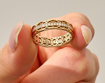 Celtic Wedding Band Women 14k Solid Gold Moissanite Eternity Ring Vintage Irish Knot Band Ring 18k Gold Ring Jewelry Gift Wife Anniversary