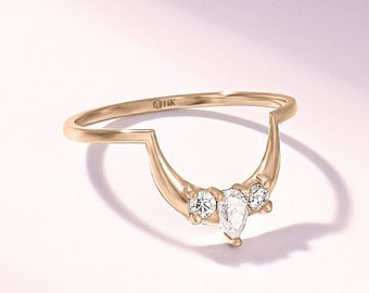 14k Gold Curved Wedding Ring, Solid Gold Deep V Ring, Moissanite Arch Ring Enhancer, Unique Nesting Stackable Ring, Lab Diamond Ring, Isla