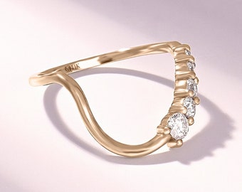 Tief gebogener Stapelring aus 14 Karat Gold, zierlicher Moissanit-Chevron-Ring für Damen, gewellter Nesting-Ring für Solitär-Verlobung, Labordiamant-Ring, Weide
