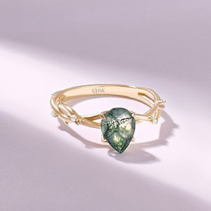 14k Solid Gold Pear Moss Agate Ring, Nature Inspired Twig Engagement Ring for Women, Green Solitaire Gemstone Ring, Unique Anniversary Gift