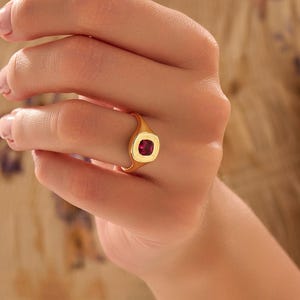 14K Solid Gold Ruby Signet Ring for Women, July Birthstone Pinky Statement Jewelry