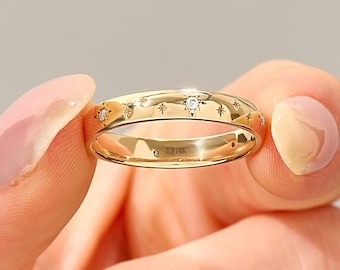 Star Wedding Band Women 14k Solid Gold Celestial Moissanite Ring 3mm Starburst Anniversary Band Scattered Lab Diamond Ring Jewelry Gift