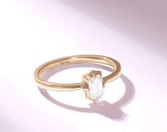 14k Gold Baguette Solitaire Ring, Solid Gold Moissanite Engagement Ring, Minimal Diamond Promise Ring for Women, Dainty Gold Rings, Sienna