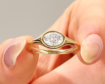 1ct East West Moissanite Ring, 14k Gold Bezel Engagement Ring, Solid Gold Oval Moissanite Ring, Dainty Lab Diamond Solitaire Ring Gift